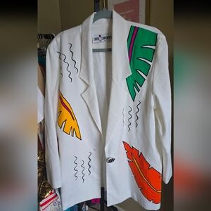 80's 90's Caron Components Tropical Leaf & Mask Print Blazer& Skirt Set